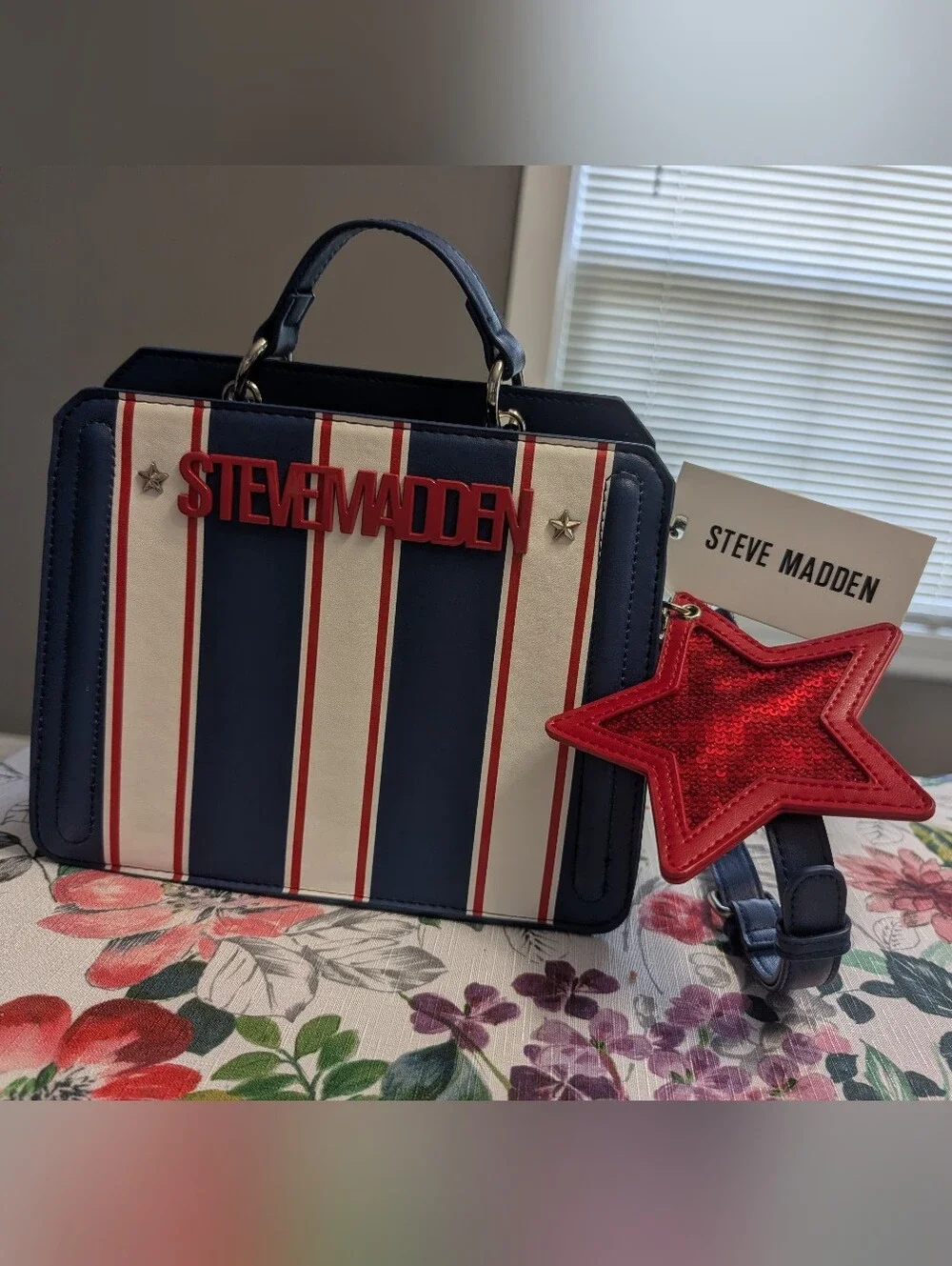 Steve Madden Navy, White & Red Striped Top-Handle Satchel with Red Star Charm